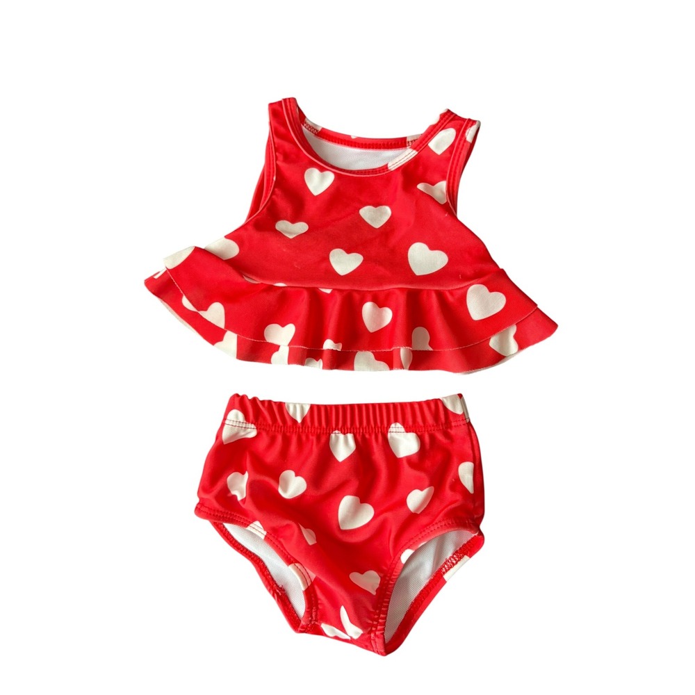 Boutique Baby Girl Swimsuit Size 80‎ Red Heart 2 Piece Ruffle Swim Set 3-6M